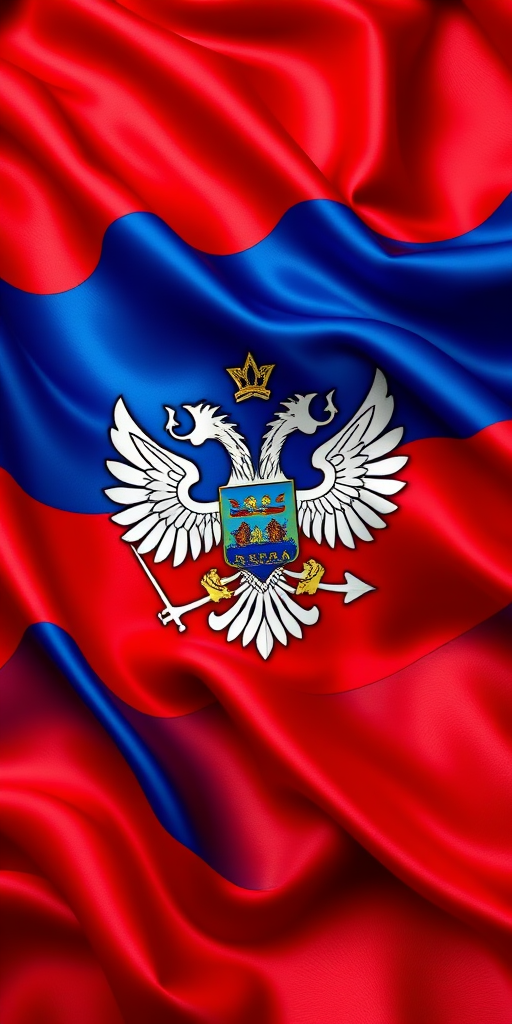 Create an image featuring the Russian coat of arms overlaid on a wavy background of the Russian flag, captured with a DSLR camera at f/8, ISO 100, 1/125s, using a wide-angle lens, in HDR style, emphasizing vibrant colors and intricate details of the emblem.