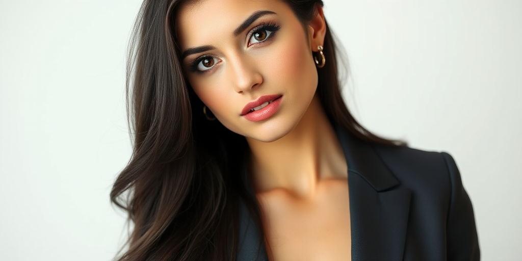 portrait of a woman with long dark hair wearing a stylish blazer with a white background, f/2.8 aperture, ISO 100, 50mm lens, soft natural lighting, captured using a DSLR camera in standard view