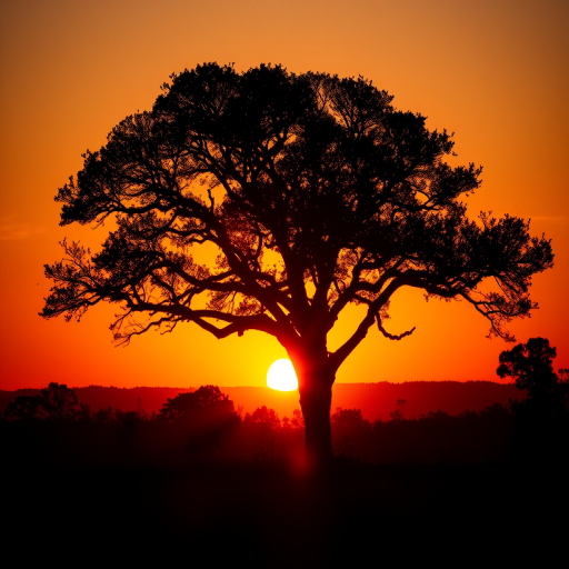 create a silhouette of a large tree against a vibrant orange sunset background with soft lens flares, shot with a full-frame DSLR camera, 35mm lens, aperture f/8, ISO 100, shutter speed 1/125s, in landscape orientation, high dynamic range imaging technique
