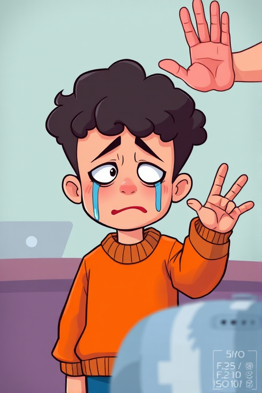 Create an illustration of a cartoon character with curly hair wearing an orange sweater, visibly upset with tears rolling down their face, while a hand gestures "no" in the background, using a vibrant color palette, a 35mm lens, f/2.8 aperture, ISO 100, and a soft focus effect to enhance the emotional impact of the scene.