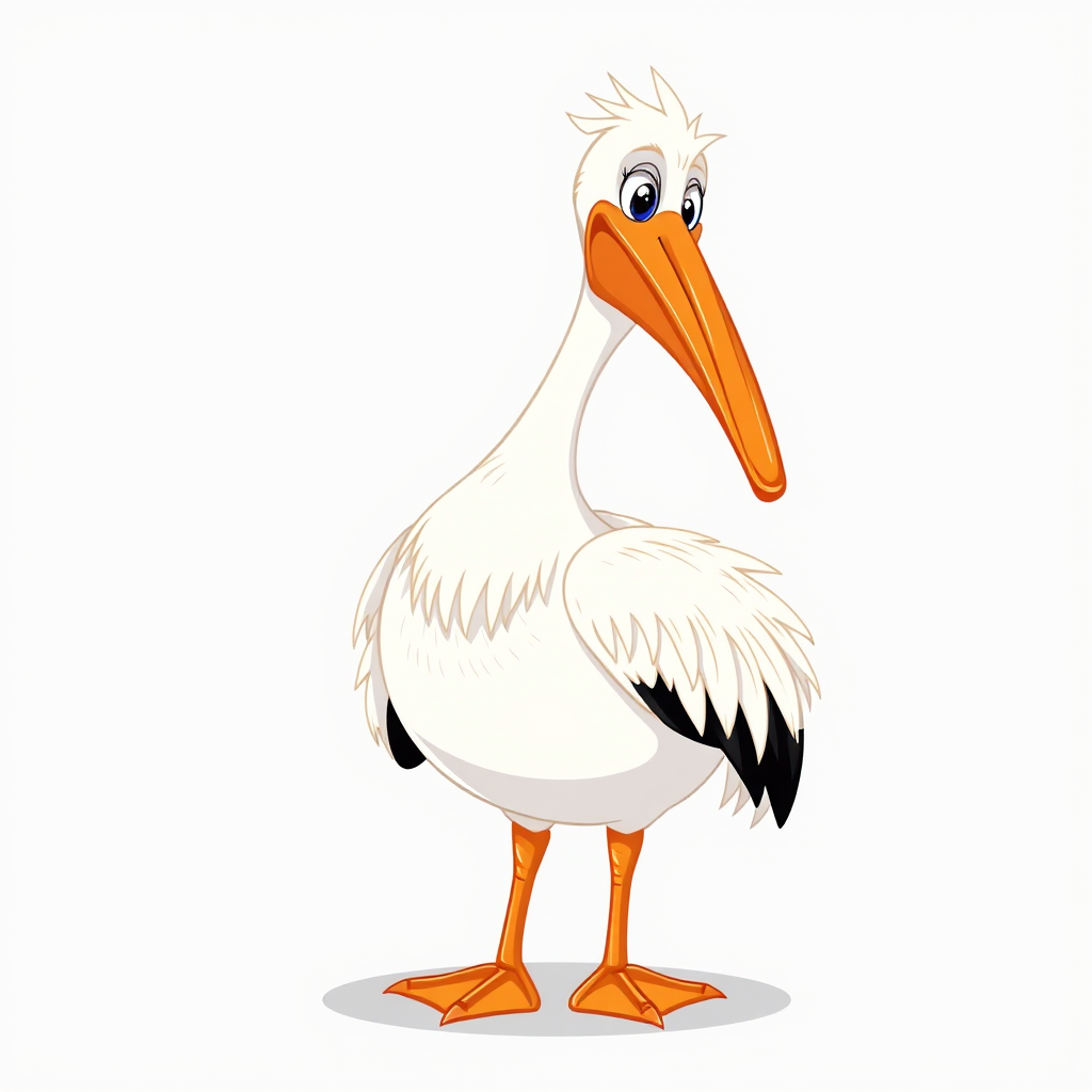 Create a vibrant illustration of a cartoon pelican with a large red bill, standing upright with a bright white body and intricate feather details, shot with a DSLR camera at f/2.8 aperture, ISO 100, 50mm lens, in natural light, focusing on a clean, uncluttered background for enhanced clarity and color.