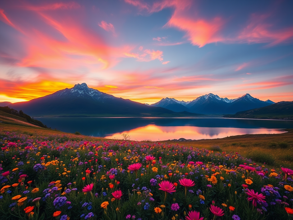 Generate a vibrant landscape of mountains and a colorful flower field at sunset, with a clear lake reflecting the sky, using a DSLR camera at f/8, ISO 100, 24mm lens, in landscape orientation for enhanced depth and detail.