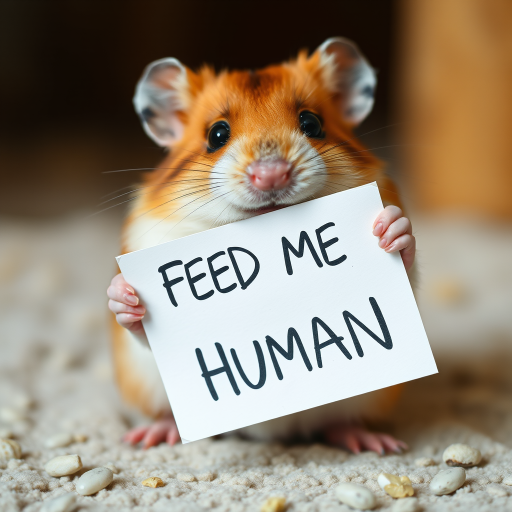 hamster holding a note which says "FEED ME HUMAN"