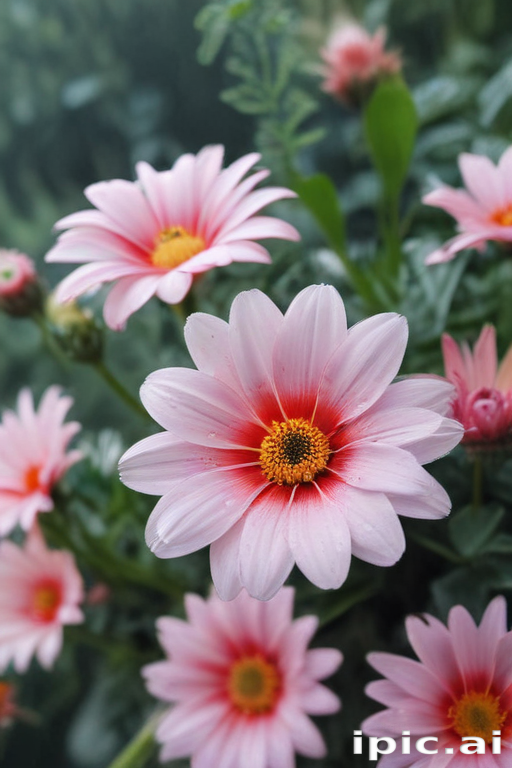 Delicate Pink Flowers Blooming Vibrantly in a Lush Green Garden Setting