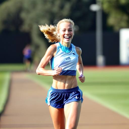 Girl running in white sports bra Stock Photo
