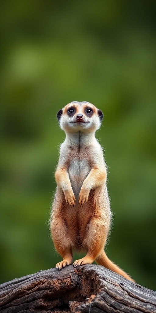 Capture a meerkat standing upright on a log with a blurred green background, use a Canon EOS 80D with a 50mm f/1.8 lens at f/2.8, ISO 200, shutter speed 1/500 sec, natural lighting, focus on the meerkat's expressive face.