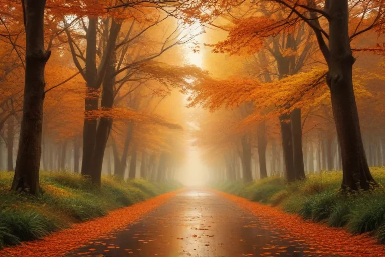A Serene Autumn Pathway Surrounded by Vibrant Orange Leaves and Mist.
