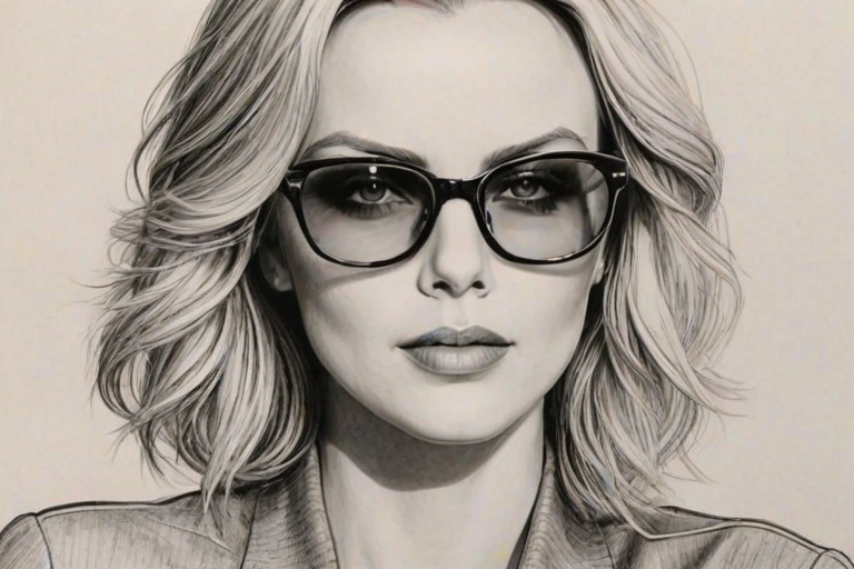 Dazzling Charlize Theron, pencil sketch, portrait of Superb woman 1973s in glasses, hair style beatnik, outline, clear lines, fine lines, 8k