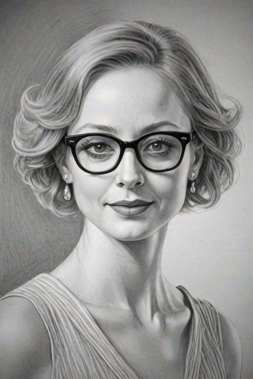Appealing Jayma Mays, pencil sketch, portrait of Fetching woman 1932s in glasses, hair style beatnik, outline, clear lines, fine lines, 8k
