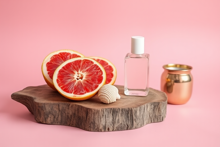 Create a still life image featuring a wooden driftwood base with two halved pink grapefruits, a clear glass nail polish bottle, a seashell, and a copper candle holder, set against a soft pink background; use a DSLR camera with a 50mm lens, aperture set to f/2.8 for shallow depth of field, ISO 200 for reduced noise, and a shutter speed of 1/60s for optimal light exposure.