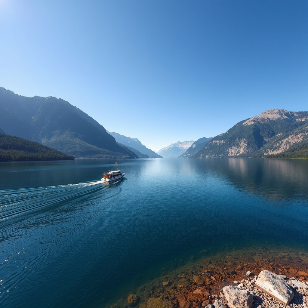 Capture a serene landscape of a calm lake with a boat gently gliding across the water, surrounded by majestic mountains and a clear blue sky; use a Canon EOS R with a 24-70mm lens, aperture f/8, ISO 100, shutter speed 1/250s, wide-angle view, natural lighting for vibrant colors and sharp details.