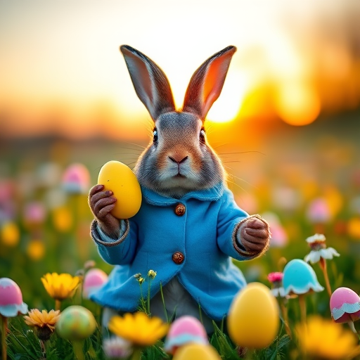 A whimsical rabbit wearing a blue coat holding yellow Easter eggs in a beautiful meadow with flowers and colorful eggs, captured at sunset with a shallow depth of field, 50mm lens, f/2.8 aperture, ISO 100, HDR photography style, DSLR camera.
