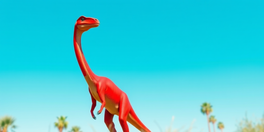 Create a vibrant illustration of a long-necked dinosaur in red against a clear blue background, using a DSLR camera with a 50mm lens, aperture set to f/2.8, ISO 100, shot from a low angle to emphasize height and depth of field.