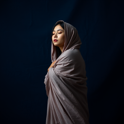 A serene figure draped in flowing fabric against a textured dark blue background, captured with a Canon EOS R5 using a 50mm f/1.2 lens at ISO 100, aperture f/2.8, shutter speed 1/200s, with soft, diffused lighting to enhance the textures and details.