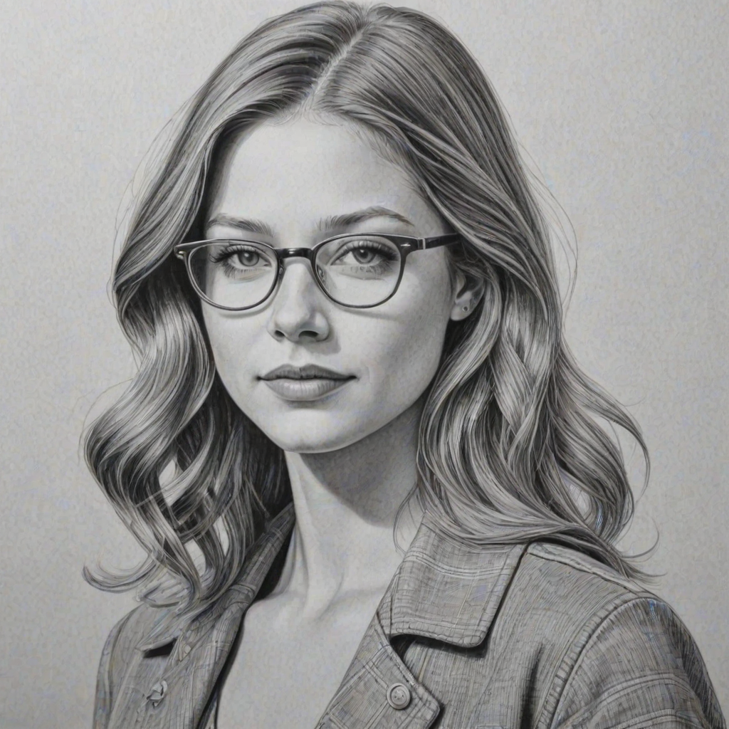 Sublime Melissa Benoist, pencil sketch, portrait of Appealing woman 1957s in glasses, hair style beatnik, outline, clear lines, fine lines, 8k