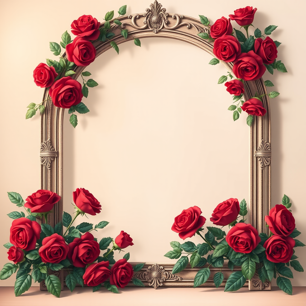 Create an illustration of a vintage ornate arch frame adorned with lush red roses and delicate green leaves, with a soft, warm pastel background, captured with a Canon EOS R5, 50mm lens, aperture f/2.8, ISO 100, natural lighting for a dreamy effect.
