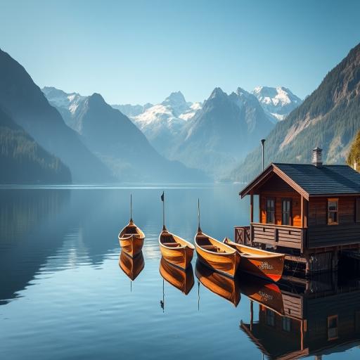 Create a serene lakeside scene with wooden boathouses reflecting on calm water, surrounded by majestic mountains in the background, captured using a DSLR camera at 24mm, f/8 aperture, ISO 100, with a shallow depth of field, and in natural daylight for enhanced vibrancy and detail.