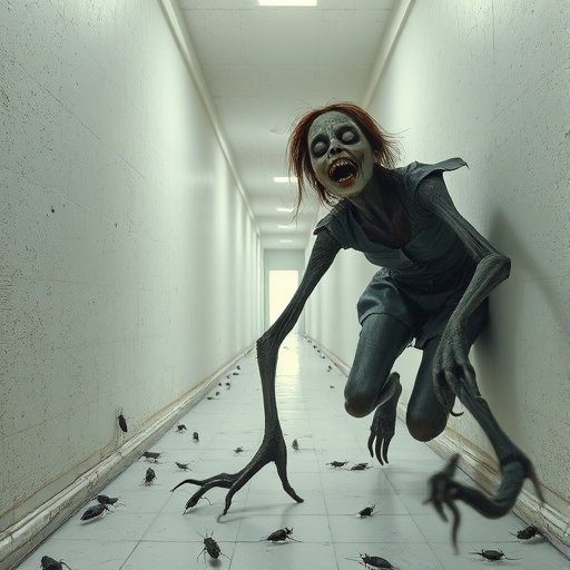 a crooked female with long arms and a creepy smile is crawling along a long white corridor and you can also see cockroaches in it there is a creepy atmosphere creepy art style