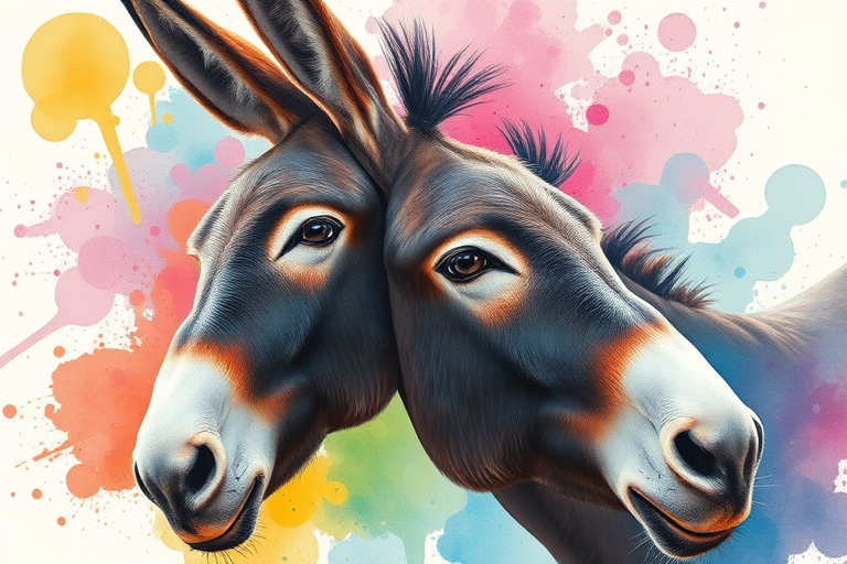 Create a high-resolution watercolor painting of a donkey with vibrant splashes of color in the background, using a Canon EOS R5 with a 50mm f/1.2 lens at ISO 100, aperture f/2.8, and a soft-focus style for a dreamy effect.