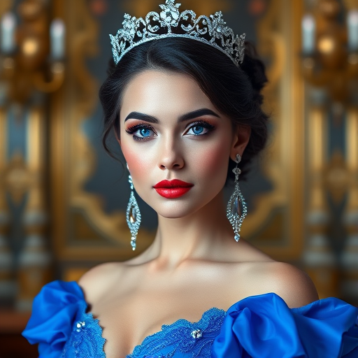 A gorgeous woman in a luxurious blue gown, accessorized with a dazzling tiara and statement earrings, her deep blue eyes highlighted by impeccable makeup, poised in a royal setting, photorealistic, 8K quality