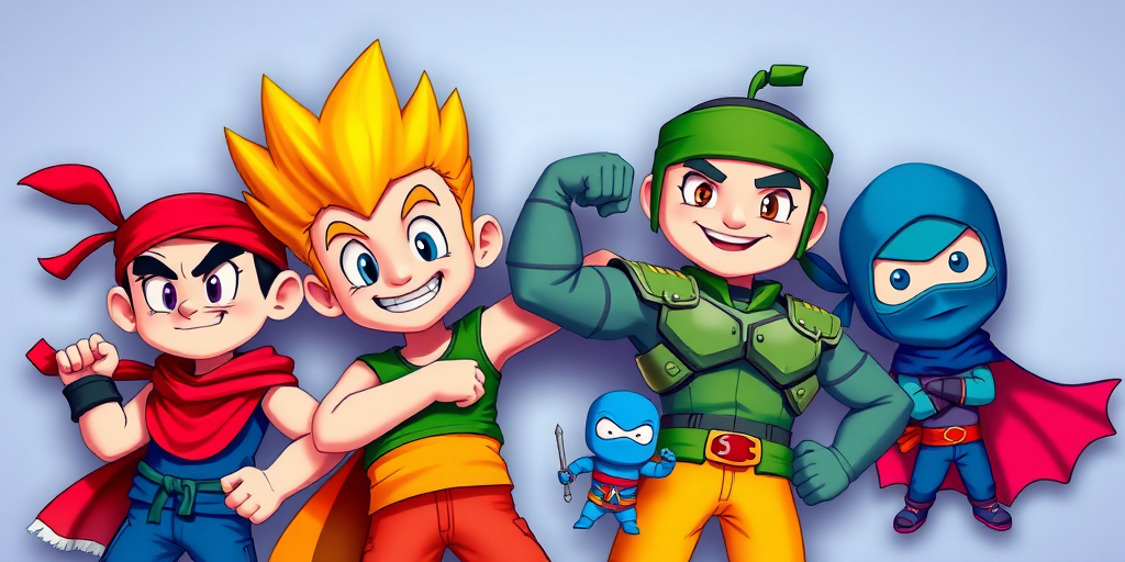 create an image of four cartoon characters in vibrant colors, the first character has a red headband and a cool pose, the second character has spiky yellow hair and an energetic expression flexing muscles, the third character is a blue ninja with green armor, and the fourth character is a small blue figure in a superhero cape, use a soft focus lens, set at f/2.8, ISO 100, shot with a digital SLR camera, top-down view, high saturation and contrast for enhancement