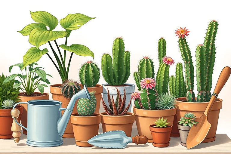 Create a highly detailed illustration of various potted plants, including a leafy plant, cacti with flowers, and small succulents, arranged with a decorative watering can and a trowel, using a soft focus effect, with a DSLR camera set to f/4 aperture, ISO 200, and a 50mm lens, in natural light.