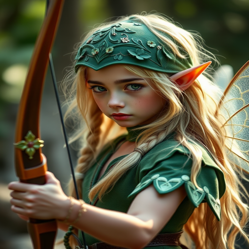 Create an image of a fairy-like elf with long blonde hair, wearing a green outfit, holding a decorated bow and arrow, with a soft-focus background, captured in a high-resolution digital style using a DSLR camera, aperture f/2.8, ISO 100, 50mm lens, in natural lighting.