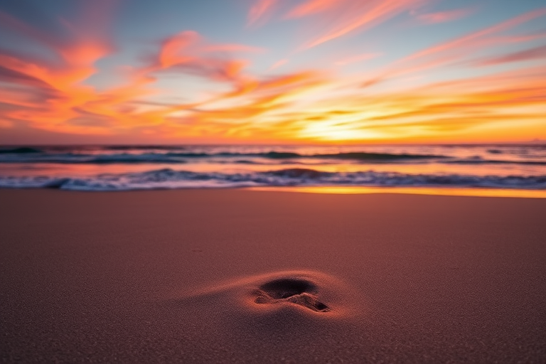 create a high-resolution image of a serene beach at sunset with vibrant colors in the sky, 35mm lens, aperture f/8, ISO 100, shot from a low angle to capture the foreground sand and gentle waves, using a DSLR camera for clarity and detail