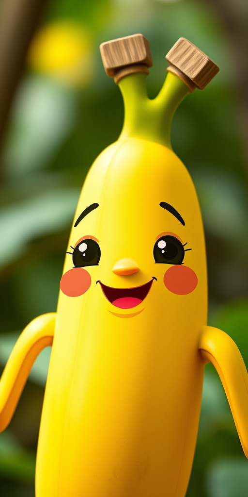 create a cute cartoon banana with a smiling face, vibrant colors, high resolution 4K, close-up shot, soft natural lighting, shallow depth of field, digital illustration style