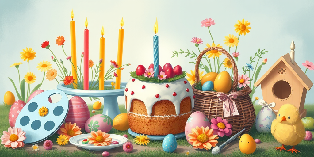 Create a vibrant illustration for Easter featuring a festive scene with decorated eggs, a cake with a candle, colorful candles, a paint palette and brush, a basket filled with eggs, various flowers, and playful elements like a chick and a birdhouse, using a Canon EOS R5 with a 50mm lens, aperture set to f/2.8, ISO 100, and natural lighting for enhanced detail and color vibrancy.