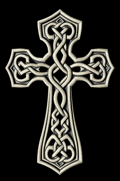 regenerate an intricate Celtic cross with detailed knotwork on a black background, using a DSLR camera, 50mm lens, f/4 aperture, ISO 100, in soft natural lighting, focus on the design's texture and symmetry, ensure high resolution and clarity