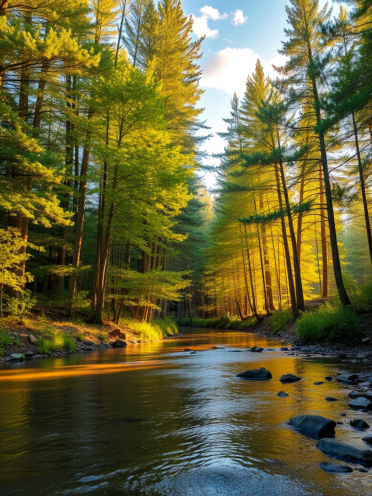 Create an image of a serene, sunlit forest scene with a clear, gently flowing river. Tall trees with lush green foliage line both sides of the river, their leaves bathed in the warm golden light of the setting or rising sun. The sunlight filters through the trees, casting soft, dappled light on the river, which flows over smooth rocks and pebbles, creating a peaceful, natural atmosphere. The sky is bright with a few scattered clouds, and the overall mood is tranquil, evoking a deep sense of connection with nature. The image captures the beauty of a calm, pristine forest landscape at either dawn or dusk.