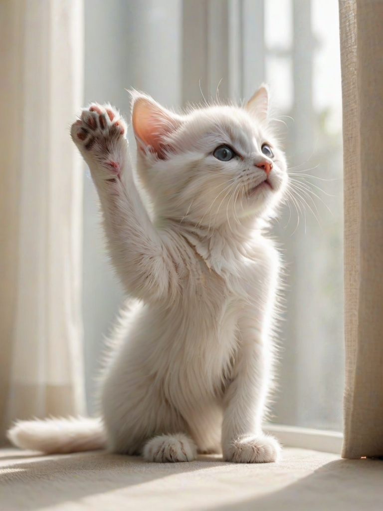 a cute white kitten reaching up towards a window with its paw while sitting on a light-colored surface, natural sunlight filtering through sheer curtains, focus on the kitten's expressive eyes and fluffy fur