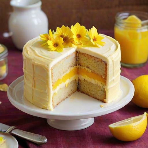 Create a detailed image of a layered lemon cake with a smooth, creamy frosting. The cake should be adorned with lemon slices and small edible flowers. A slice of the cake should be cut and placed on a golden plate, revealing its moist layers. Include a small jar of lemon curd and vibrant yellow flowers in the background, with a checkered cloth underneath to add texture. The overall setting should be bright and inviting, conveying a fresh and cheerful atmosphere.