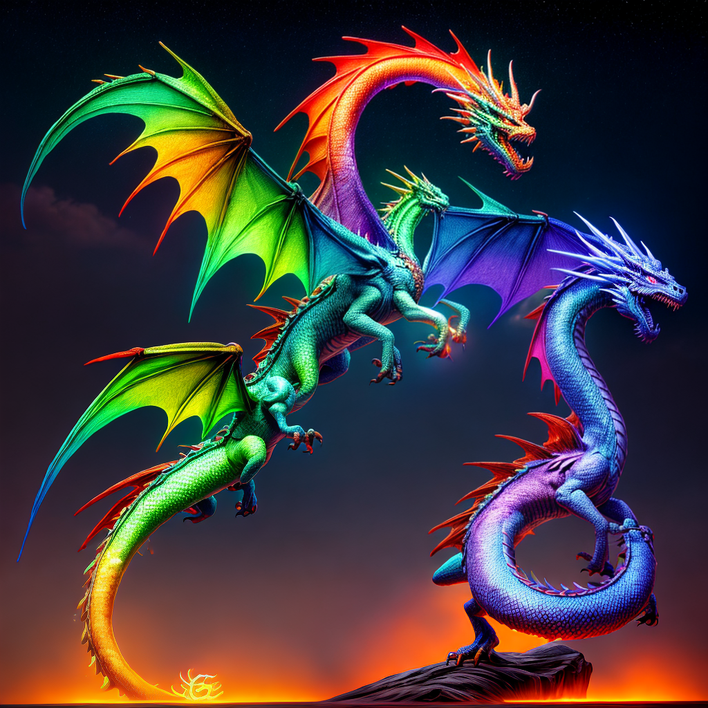 Rainbow Dragon, digital art, 4k, HD, detailed render, defined features, intricate, beautiful lighting, neon atmosphere, by artist Qingana Gigano and Shigeru Miyamoto and Steve Henderson, trending on artstation, vivid colors, stunning
