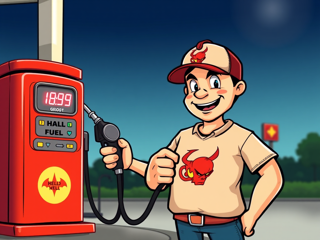 Generate a high-quality vector illustration of a cartoon character resembling a gas station attendant wearing a cap and shirt with a hell-themed logo, holding a fuel nozzle next to a retro gas pump displaying a fuel price, with a crisp background and vibrant colors; camera settings: f/4, ISO 100, shutter speed 1/200s; camera view: frontal; camera style: digital illustration; camera type: vector graphics.