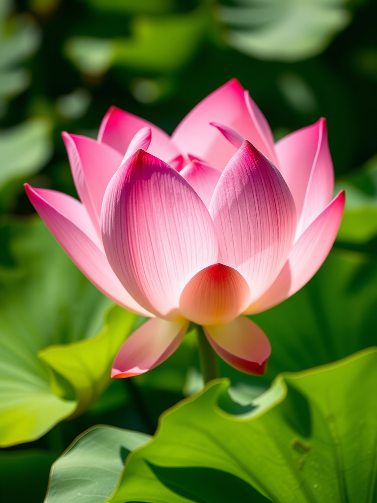 Capture a close-up of a pink lotus flower in full bloom, surrounded by lush green leaves, natural soft sunlight, aperture f/2.8, ISO 100, shutter speed 1/250s, portrait orientation, DSLR camera with macro lens.