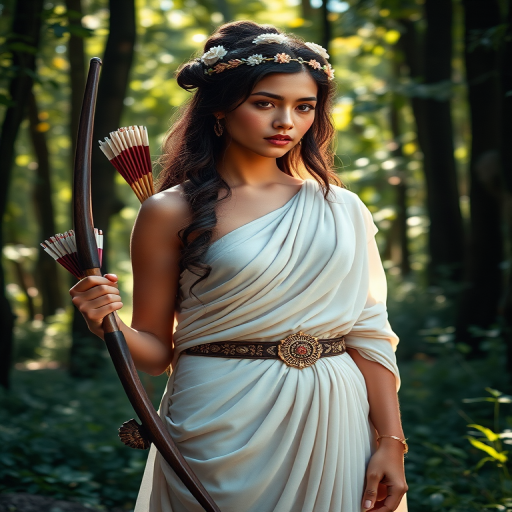 Create a portrait of a goddess-like Aymara girl figure in a tranquil, forested environment. She has an elegant appearance with long, wavy hair styled in an updo and adorned with a delicate, floral headband. She wears a flowing, ancient Greek-inspired gown in a soft, pale color, featuring a one-shoulder design and draped fabric that accentuates her graceful form. The outfit includes a decorative belt with ornate gold detailing, and she holds a bow in her hand, with a quiver of arrows slung over her shoulder. The background depicts lush greenery, with sunlight filtering through the trees, casting a gentle, ethereal light on the scene. Her expression is calm and contemplative, embodying a sense of wisdom and serenity.