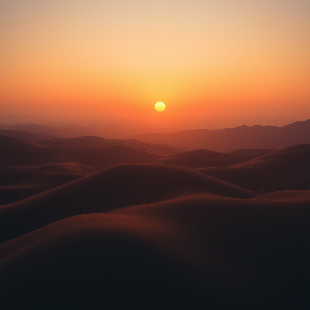 create a smooth gradient landscape at sunset with rounded hills and a large sun in warm earthy tones, shot with a Canon EOS R5 at f/8, 1/60s, ISO 200, wide-angle lens, top-down view, soft focus for a vintage aesthetic