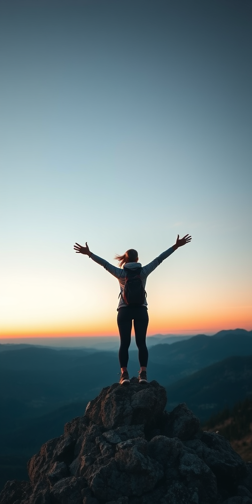 Quiet mountaintop at sunrise, the sky painted with soft hues of pink and orange, a woman in hiking gear stands at the peak, her arms outstretched as she takes in the breathtaking view of the valleys below.