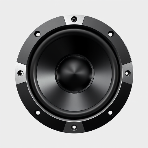 Create a highly detailed digital illustration of a circular speaker with a glossy black and metallic finish, using a DSLR camera with a focal length of 50mm, aperture set to f/2.8, ISO 100, in a studio setup with softbox lighting for even illumination.