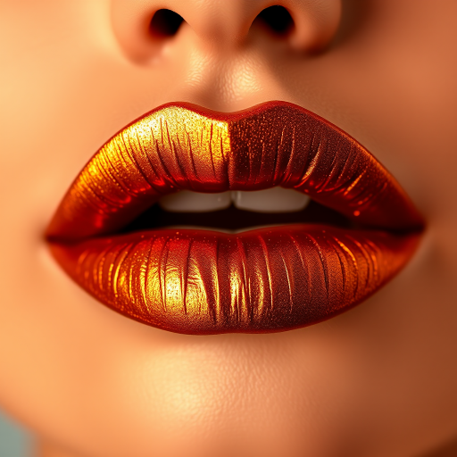 Molten bronze lips with dimensional metallic finish, sculpted and defined shape, warm and rich tones, luxurious Liquid Amber Luxe design