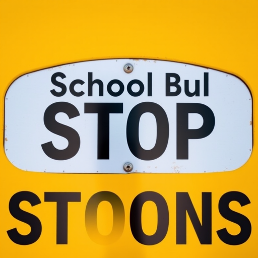 Create a bright, high-contrast image of a reflective school bus stop sign with bold black text on a vibrant yellow-green background, captured with a DSLR camera at f/8, ISO 200, and a shutter speed of 1/250s, using a wide-angle lens for clarity and depth.