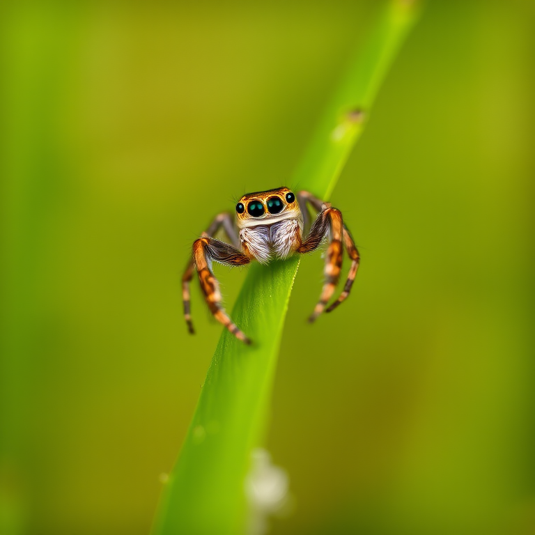 macro photograph of a jumping spider perched on a green blade of grass, f/2.8 aperture, 100mm lens, ISO 200, natural light, shallow depth of field, close-up view, DSLR camera