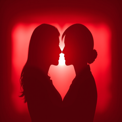 Generate an image of a red heart silhouette featuring two profiles facing each other at the center, with a soft focus lens effect, using a 50mm f/1.8 lens on a DSLR camera, aperture set to f/4, ISO 100, and a slight vignette for depth.