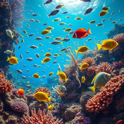 Create a vibrant underwater scene featuring various colorful fish and sea creatures amidst coral reefs and aquatic plants, with a bright blue background and sunlight filtering through the water, captured with a DSLR camera at f/8 aperture, 1/200 shutter speed, 24mm lens, and DSLR style for high detail and clarity.