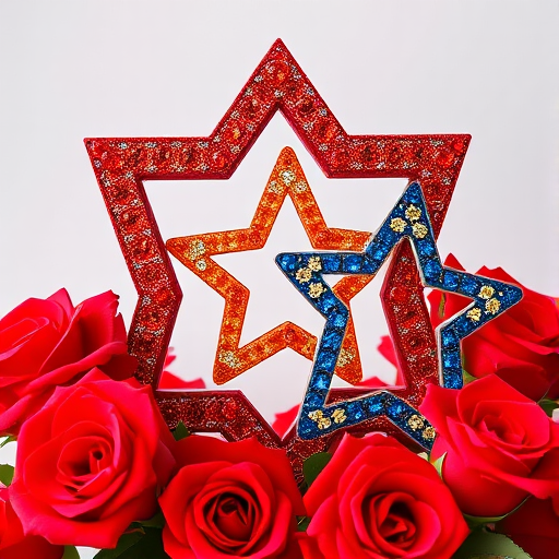 Create a vibrant image of three decorative star-shaped frames in red, orange, and blue gem styles, surrounded by bright red roses, using a DSLR camera with a 50mm lens, aperture at f/2.8, ISO 100, and in natural lighting for enhanced detail and color richness.