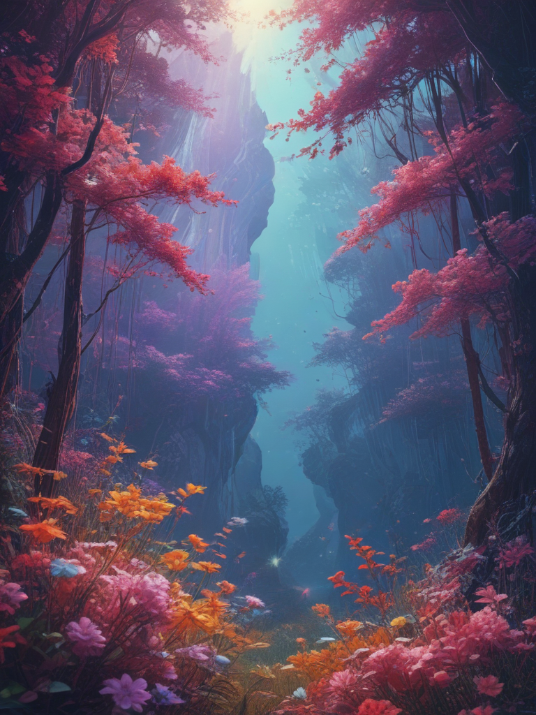 Enchanting Forest Pathway Surrounded by Vibrant Flowers and Lush Foliage