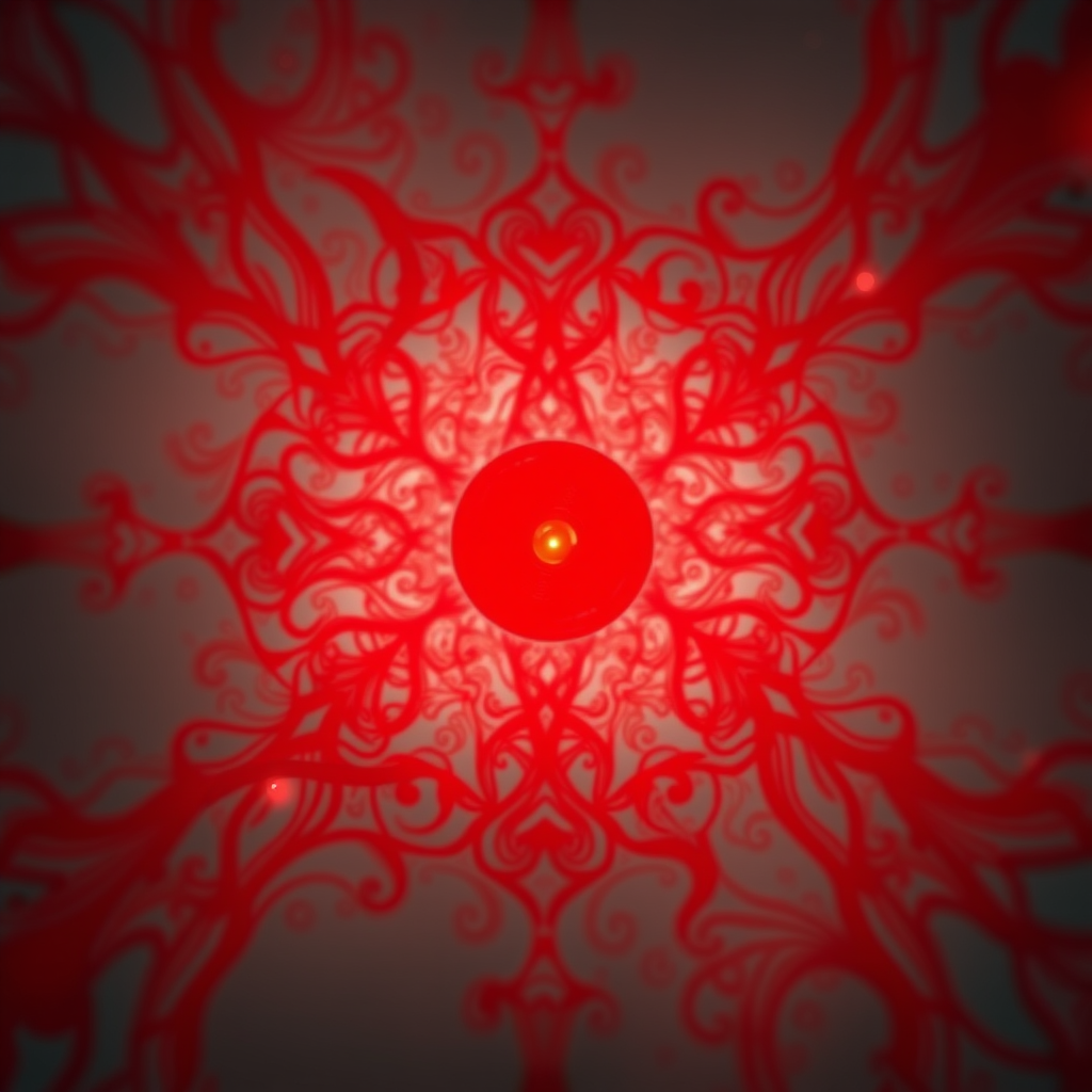 create an abstract image featuring a central glowing red orb surrounded by intricate, swirling red patterns using a DSLR camera with a 50mm lens at f/1.8, ISO 100, and a shutter speed of 1/60s, captured from a high angle view with a soft focus for a dreamlike effect