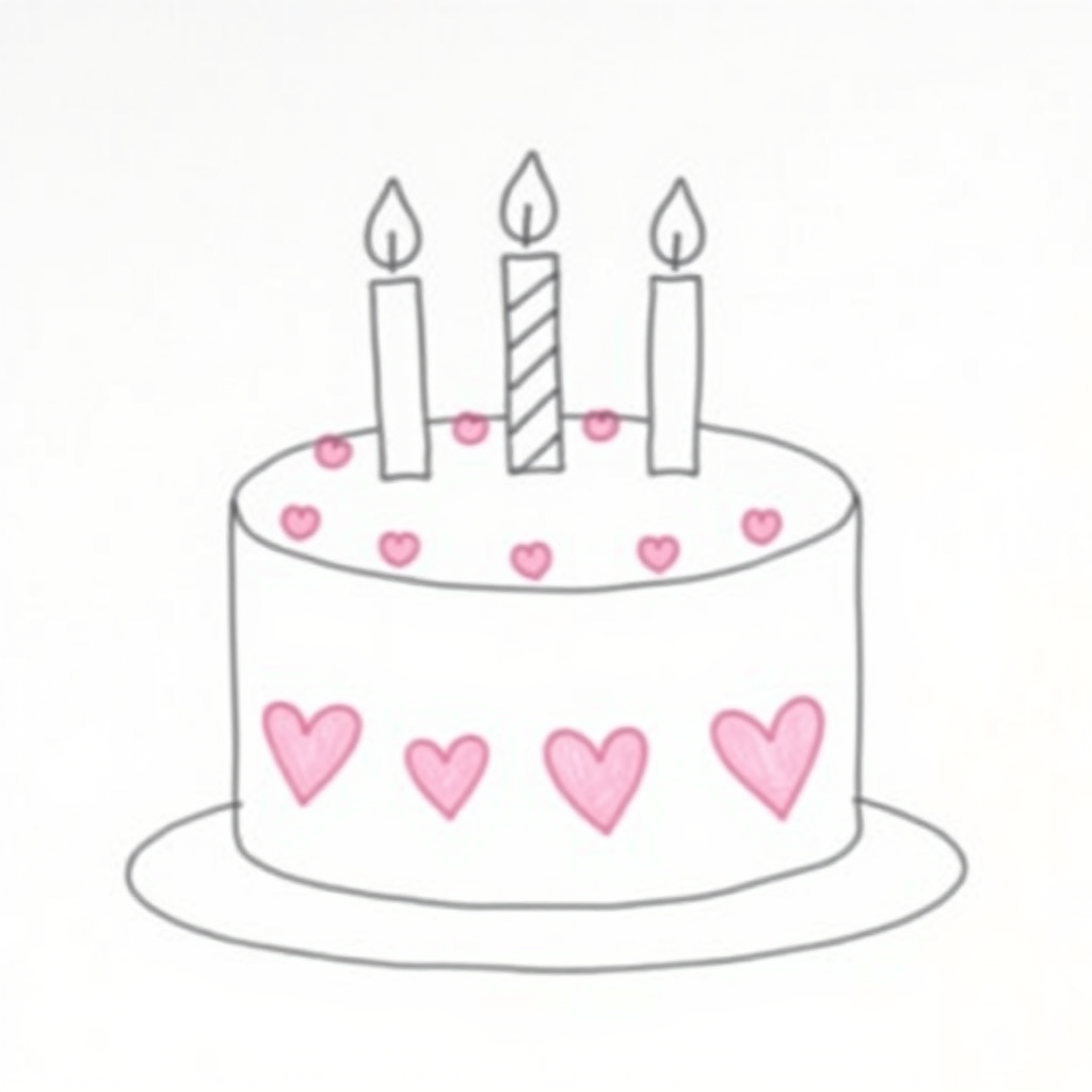 Draw a simple birthday cake with three candles on top and pink hearts decorating the sides with a plate underneath the cake.